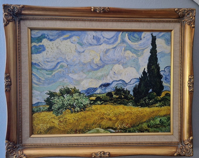 Giclée framed canvas print of Vincent Van Gogh painting - Wheat Field with Cypresses, Museum Quality 3D Oil Canvas Print with vintage frame
