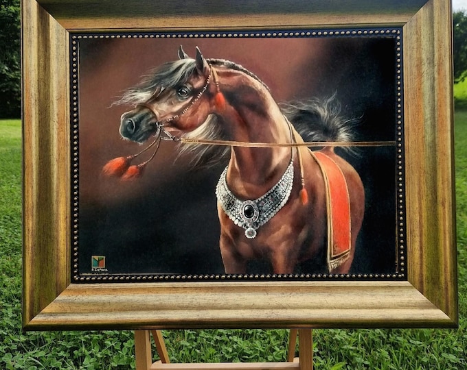Brown Arabian Horse, Gliclée canvas premium print with brush strokes and golden vintageous frame looks like original & Gift for Horse Lovers