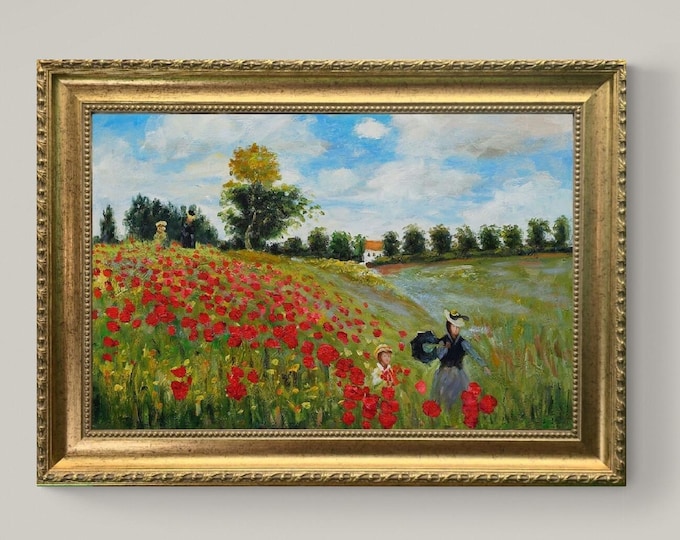 Monet Poppy Field Canvas Print: Vintage Gold Frame, Brush Stroke Texture
