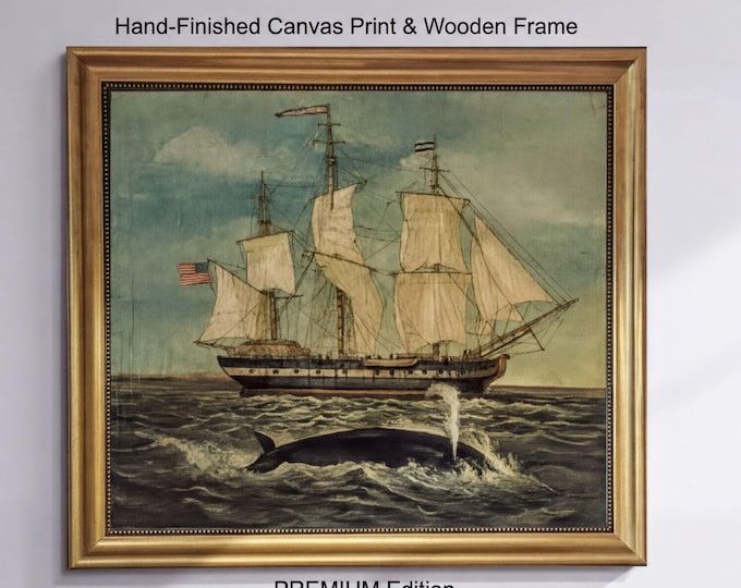 American Whaling Ship & Sperm Whale Canvas Print, Hand Finished
