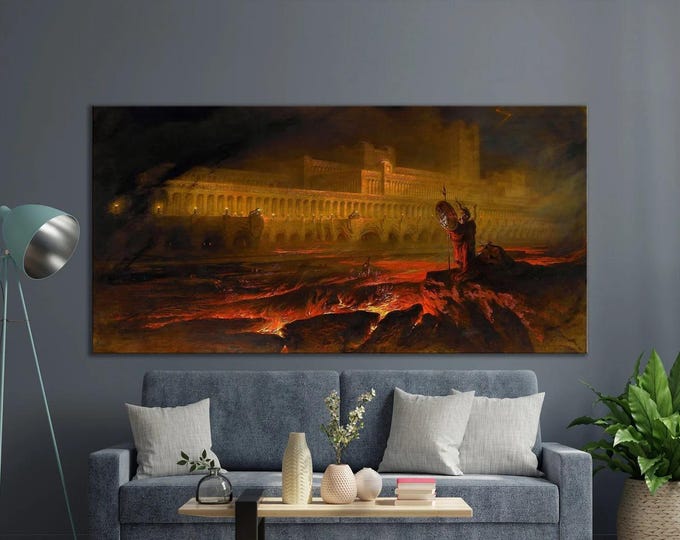 John Martin Pandemonium Painting, Large wall arts, Heavyweight Canvas, 3D hand finish print with brush strokes, Louvre Canvas, Ready to Hang