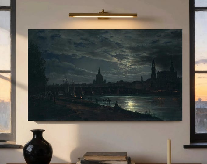 Dresden Moonlight by Johan Christian Dahl: Canvas Print with Brush Strokes Texture