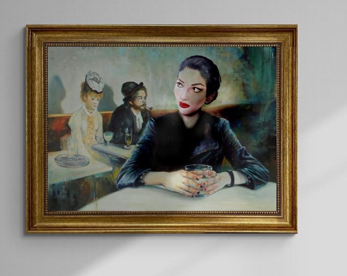 Unique Portrait of Maria Callas transformed into the famous painting 'In a Café' by Degas, framed 3D canvas premium print with brush stroke