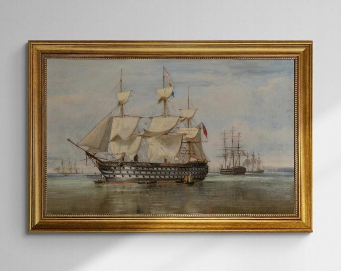 HMS Duke of Wellington at Gosport framed premium canvas print, with brushstrokes & golden vintageous frame, looks like original oil painting