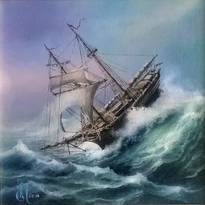 STATEK na wzburzonym morzu Wydruk artystyczny z oryginalnego obrazu olejnego, plakat Statek, wydruk żaglowca, wydruk krajobrazu morskiego, dekoracja krajobrazu morskiego, wysoki statek