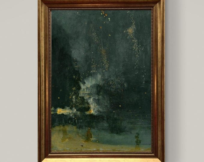 Whistler Nocturne Art Print, Falling Rocket, Gold Frame Canvas and brush strokes