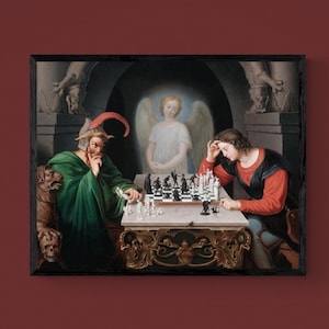 May include: A framed print of a Renaissance-style painting depicting a chess game. Two figures in period clothing are seated at a table with a chessboard. An angel hovers in the background. The artwork has a dark, dramatic aesthetic.
