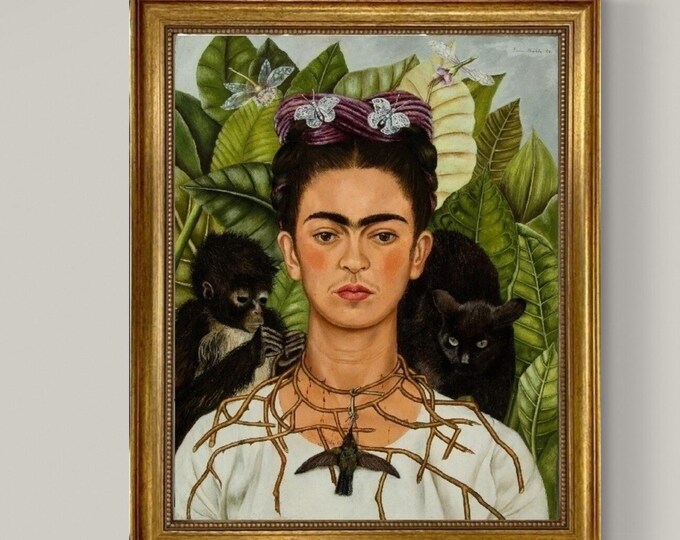 Frida Kahlo Self-Portrait Print: Necklace of Thorns, Framed Canvas Reproduction