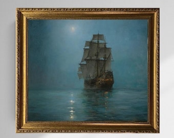 Crescent Moon Painting by Montague Dawson, framed premium canvas print, with brush strokes  and golden vintageous frame looks like original