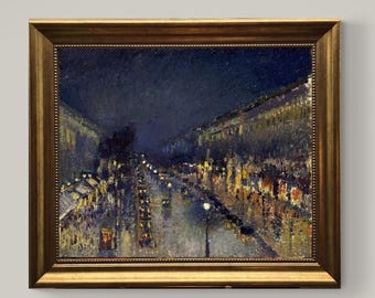Boulevard Montmartre Wall Art: Pissarro Night Scene Print (Vintage Frame)