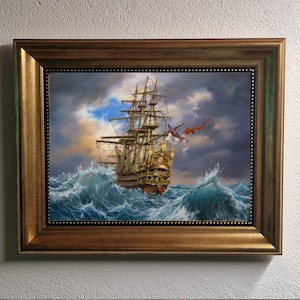 Ship oil painting print reproduction on canvas in Antiqued Gold Frame