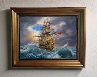 Ship oil painting print reproduction on canvas in Antiqued Gold Frame