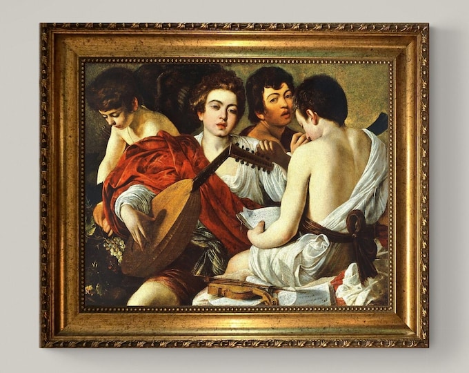 Caravaggio 'The Musicians' 3D Canvas Print with Vintage Gold Frame, Brush Strokes