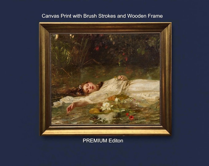 Ophelia Painting Canvas Print, Friedrich Heyser, Textured Wall Art (Vintage Gold Frame)