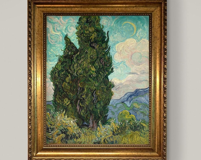 Van Gogh Cypresses 3D Canvas Print with Vintage Wooden Gold Frame, Brush Strokes
