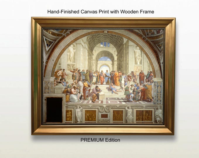 The School of Athens: 3D Hand-Finished Canvas Print with Vintage Gold Frame and Brush Strokes