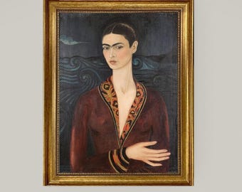 Frida Kahlo Regal Self-Portrait in a Velvet Dress | premium print with brush strokes and golden vintageous frame looks like original art