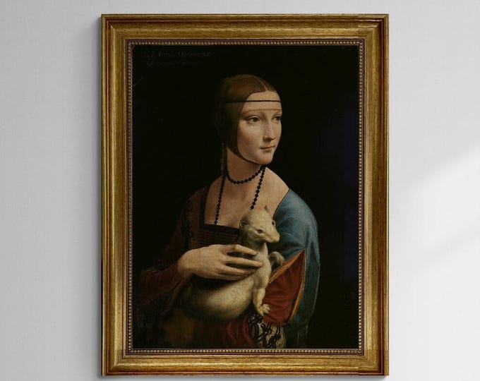 Lady with an Ermine, Leonardo da Vinci Masterpiece, canvas with texture and brush strokes looks like original oilpainting, with golden frame