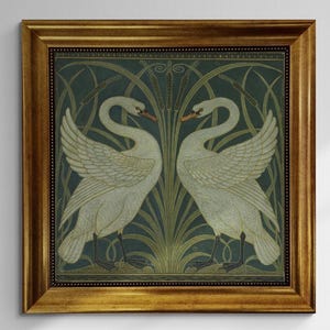Two White Swans by Walter Crane, Vintage  Gliclée canvas premium print with brush stroke and golden vintageous frame looks like original art