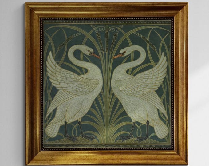 Two White Swans by Walter Crane, Vintage  Gliclée canvas premium print with brush stroke and golden vintageous frame looks like original art