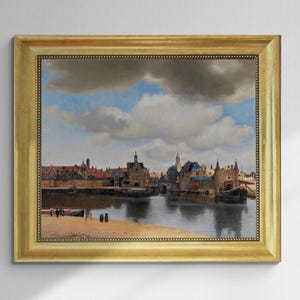 The image is a painting of a cityscape with a river in the foreground, featuring buildings, boats, and people.