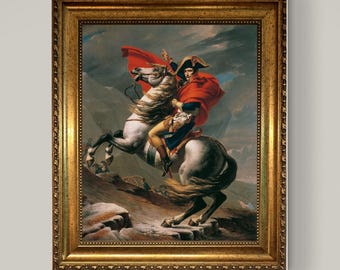 Napoleon Crossing the Alps Premium Canvas Print with brush strokes and vintage golden frame, Masterpiece by Jacques-Louis David