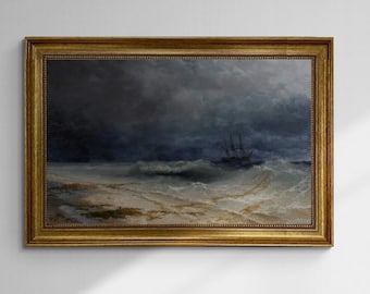 Aivazovsky Breaking Waves Canvas Print with Golden Vintage Frame
