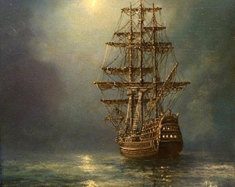 Tall Ship Giclée Canvas Print, Moonlit Seascape, Ready to Hang