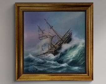 Ship at rough sea, Tall Ship Giclee canvas hand finished premium 3D print w brush strokes and golden vintageous frame looks like original