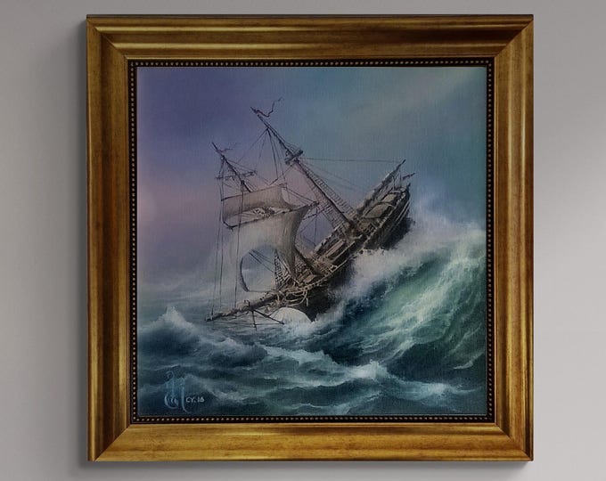 Ship at rough sea, Tall Ship Giclee canvas hand finished premium 3D print w brush strokes and golden vintageous frame looks like original