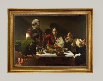 Caravaggio Supper at Emmaus Canvas Print: Vintage wooden Gold Frame, Hand-Textured Giclée