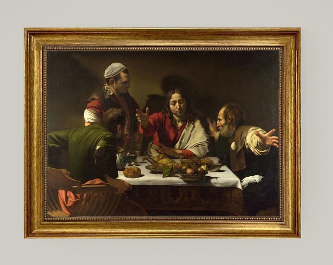 Supper at Emmaus by Caravaggio | Giclée canvas premium print with hand-applied brush strokes for an authentic look | Golden vintage frame
