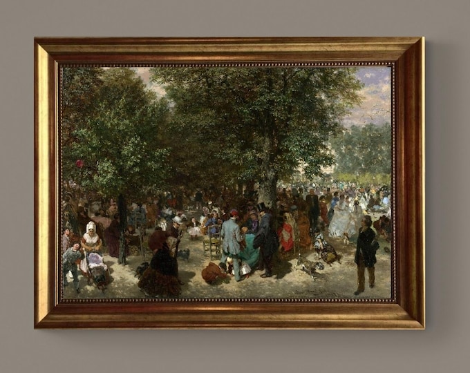 Afternoon in Tuileries Garden, Adolph Menzel, Textured Canvas Print in Gold Frame