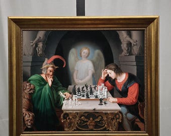 Checkmate painting by Moritz Retzsch (1831), Canvas Print with Brush Strokes, Vintage Golden Frame