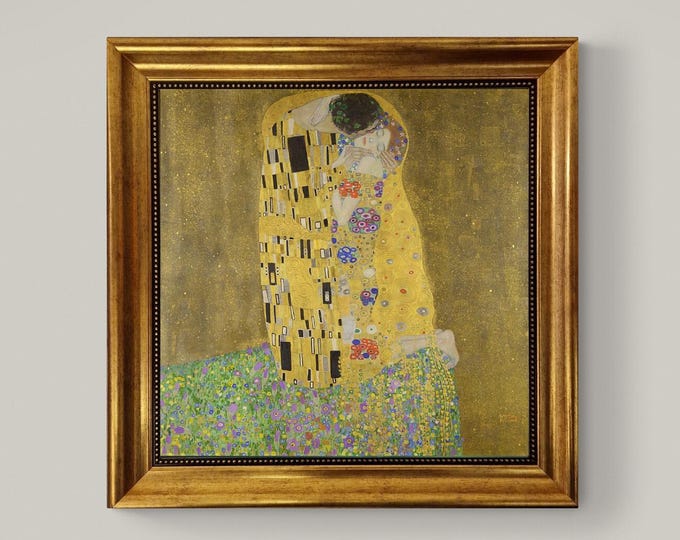 The Kiss Gustav Klimt Art Print | Framed Gliclée canvas  with hand-applied brush strokes and golden vintageous frame | looks like original