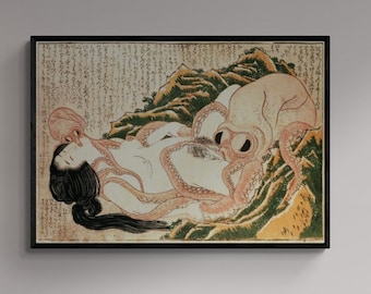 sensual art Katsushika Hokusai’s Dream of the Fisherman’s Wife, Hand Finished canvas with brush strokes looks like original + floating frame