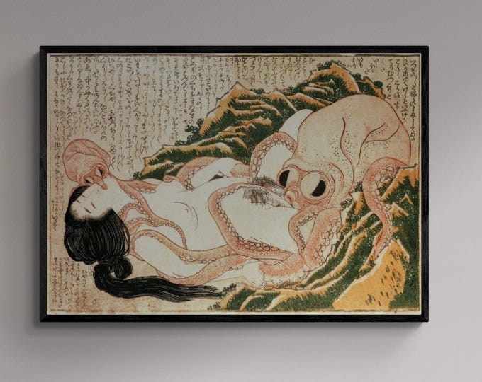 sensual art Katsushika Hokusai’s Dream of the Fisherman’s Wife, Hand Finished canvas with brush strokes looks like original + floating frame