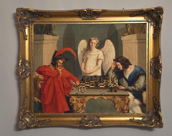 Faust & Mephistopheles Playing Chess Art Print: Moritz Retzsch, Vintage Golden Frame and Brush Strokes