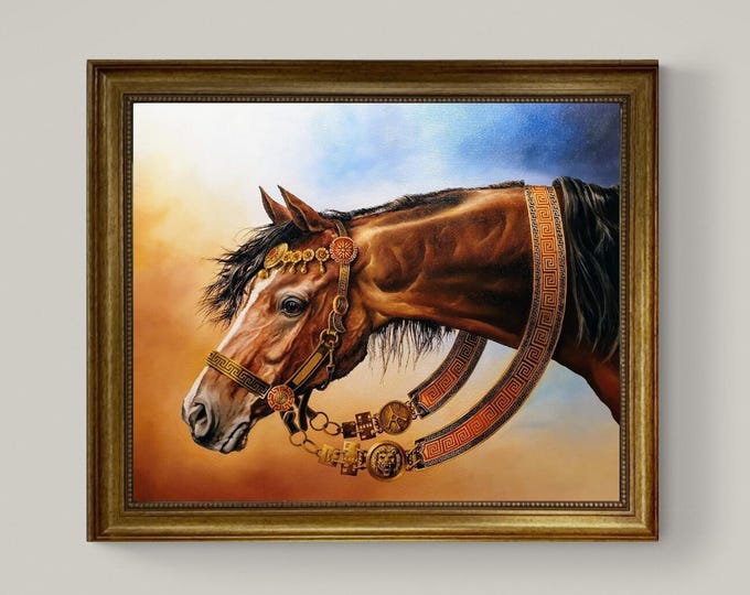 BUCEPHALUS Alexander the Great horse Framed Gliclée canvas with hand-applied brush strokes and golden vintageous frame | looks like original