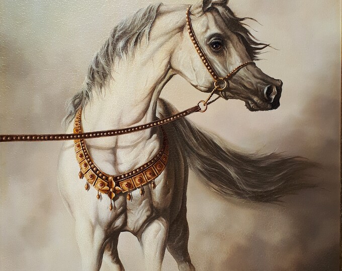 WHITE HORSE | Giclée canvas print from horse original oil painting | Modern home decoration | Equine art | 50x70 cm (19.7"x27.6") Horse Art