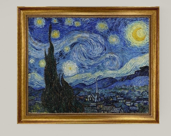 Vincent van Gogh The Starry Night | Framed Gliclée canvas  with hand-applied brush strokes and golden vintageous frame | looks like original