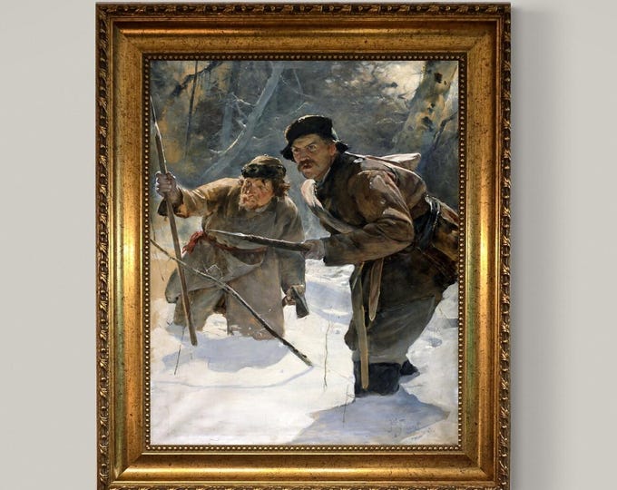 Julian Fałat Javelineers art print on Canvas, Brush strokes and Vintage Gold Frame