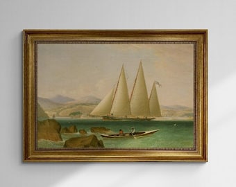 Bermuda Schooner Yacht Art Print with Vintage Golden Frame