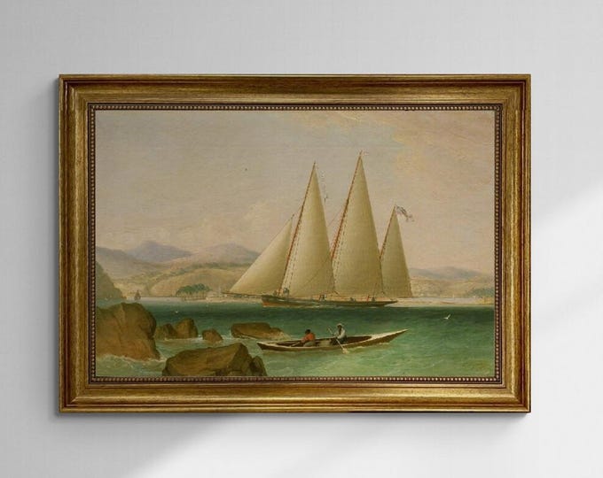 A Bermuda Schooner Yacht Offshore 3D premium canvas print hand finished with brush strokes and golden vintageous frame looks like original
