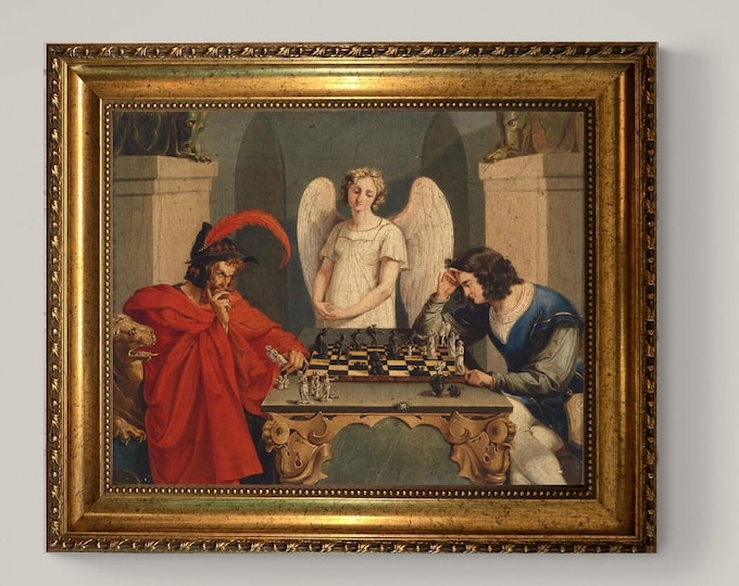 Faust & Mephistopheles Playing Chess Art Print: Moritz Retzsch, Vintage Golden Frame and Brush Strokes