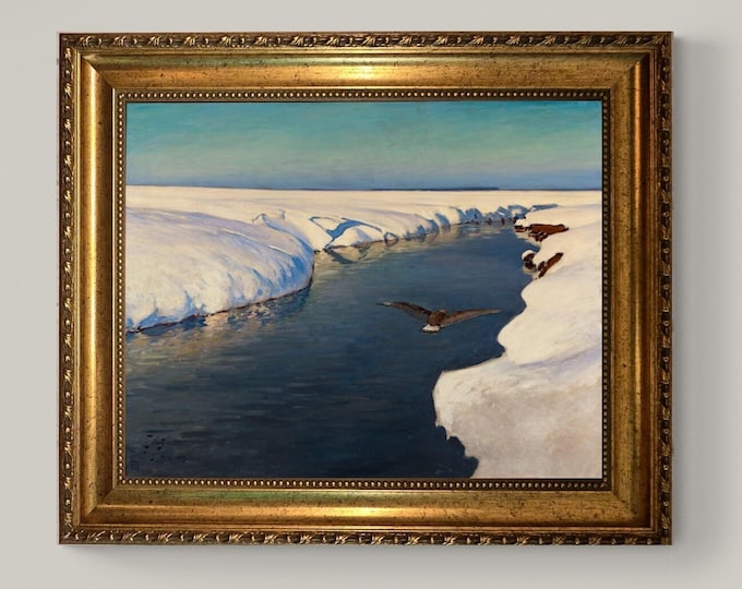 Julian Fałat the Snow art print on Canvas, Brush strokes and Vintage Gold Frame