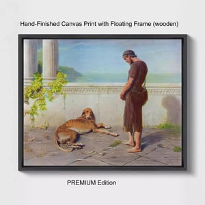 Puede incluir: Impresión en lienzo acabada a mano con marco flotante de madera que muestra una pintura de una persona con túnica marrón de pie junto a un muro de piedra con un perro marrón tumbado en el suelo. La escena incluye columnas blancas y enredaderas. PREMIUM Edition.