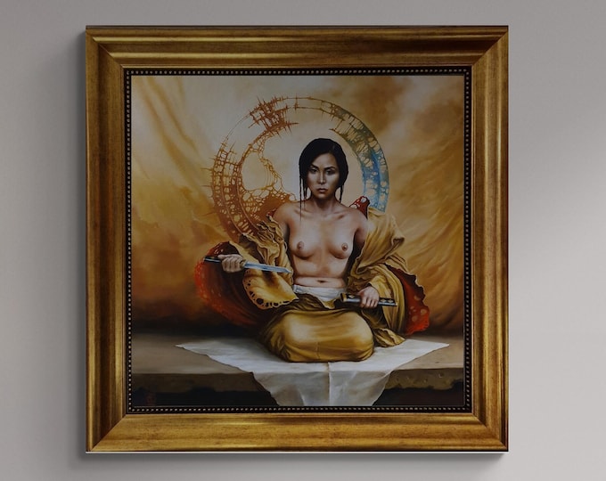 Japanese Girl wallart, Gliclée 3D hand finished premium print on canvas with brush strokes and golden vintageous frame looks like original