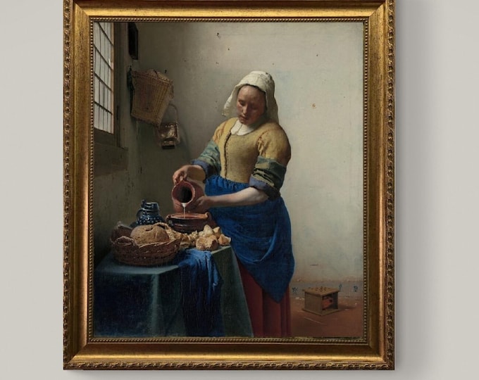 Vermeer's Milkmaid 3D Canvas Print: Vintage Golden Frame, Brush Strokes