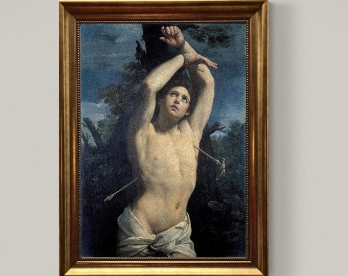Saint Sebastian by Guido Reni, Framed Canvas Art Print with Brush strokes